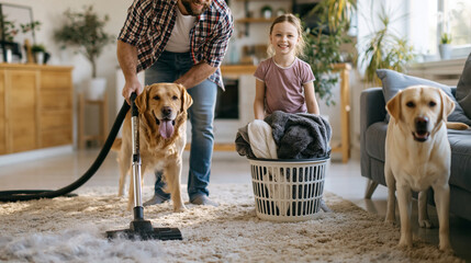 Naklejka na ściany i meble Family cleaning home carpet removing dog pet hair with vacuum cleaner, smiling girl holding laundry basket, pet owning