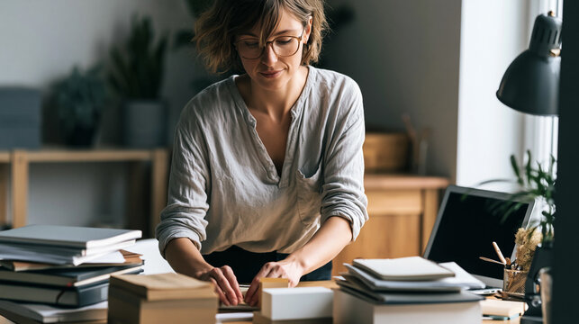 Woman with glasses organizing documents and books at an office desk, working with concentration