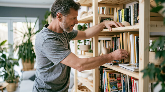 Adult man organizing book collection on wooden bookshelf at home, tidying leisure reading materials
