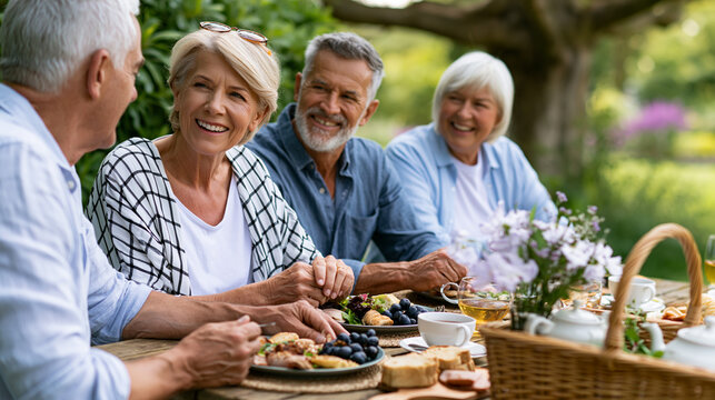 Senior friends enjoying outdoor picnic, sharing a meal and laughing together in a garden setting, celebrating friendship and community