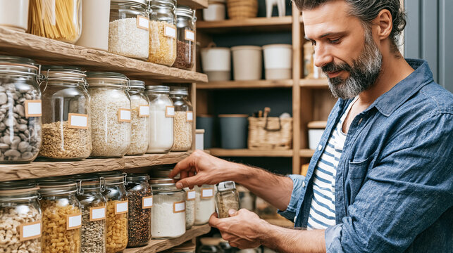Man organizing pantry with sustainable zero waste dry food storage in glass jars on wooden shelves at home