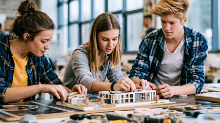 Fototapeta premium Architecture students collaborating on a building model in a design studio, creating an urban project together