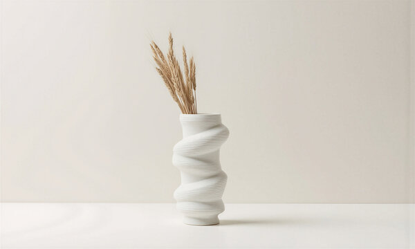 Vase wheat cornstarch-based plastic used in a decorative 3d printed container with dried grass and copy space
