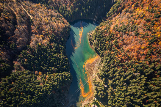 Aerial view of Lacul Scropoasa surrounded by dense autumn forests with vibrant orange and green foliage in Scropoasa, Judetul Dambovita, Romania.
