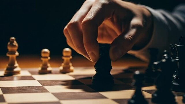 A close-up of a hand making a strategic chess move on a board.