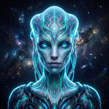 Majestic alien lifeform with glowing bioluminescent skin patterns against a starry space background