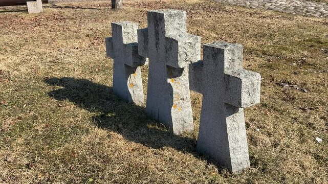 Three granite crosses dry grass cemetery, weathered memorial stones casting long shadows across pale on spring field