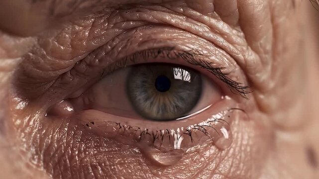Dramatically lit close up of a crying senior citizen eye blinking with wet tears trapped in deep facial wrinkles representing loneliness, heavy mourning, historical trauma, or emotional psychological 