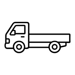 Fototapeta premium Side-view black outline illustration of a flatbed truck icon on a white background, minimal linear design showing cab, wheels, and open cargo bed for delivery.