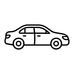 Naklejka premium Black-and-white line-art side profile of a four-door sedan car icon showing wheels, doors, windows and simple contours, vector-style automotive illustration