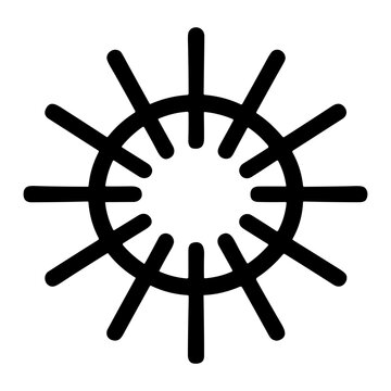 Minimal black sunburst icon showing a circular ring with evenly spaced truncated radial spokes forming a bold geometric emblem; monochrome symbol centered on white background