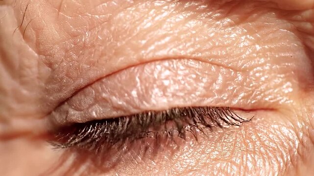 Macro view of a tightly closed senior eye opening slowly to blink showcasing prominent age wrinkles, deep lines, and crow's feet on mature skin texturing for anti aging cosmetic reviews or life longev