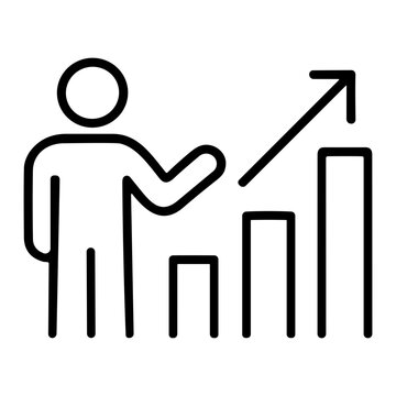 Line icon of a person presenting an ascending bar chart with an upward arrow symbolizing business growth, analytics, performance improvement, progress and strategic success