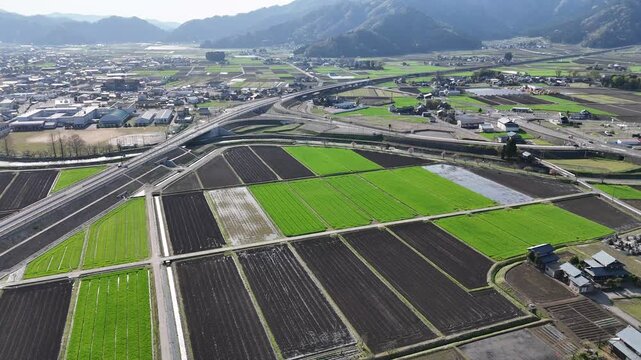 Farmland stretches under bright skies. Rows of green crops contrast with dark soil. Highway cuts through the landscape. Villages dot the horizon, nestled near hills