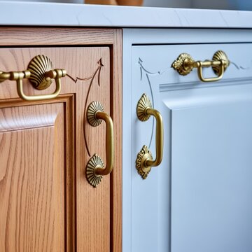Detailed view of custom kitchen cabinetry showing subtle scallop motif millwork and unique brass fittings against a light wall, beach house, remodeling, scallop