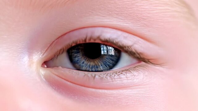 Heartwarming close up shot of a small innocent child or baby blue eye opening and blinking gently with soft pinkish skin tones representing pediatric healthcare, childhood innocence, early age develop