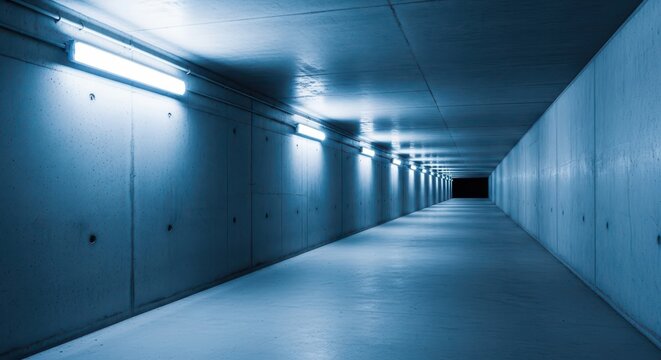 Underground infrastructure passage featuring powerful electric lighting installed along the smooth concrete walls, creating an abstract perspective, destination, illuminated, tunnel