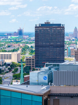 Aerial shot of Skyscrapers and office buildings in the skyline in Detroit Michigan USA