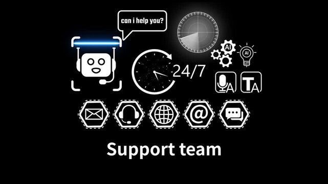 support team With Global Communication Icons And 24 7 Clock and Radar scanning . address, live chat, man) 4k video animation
