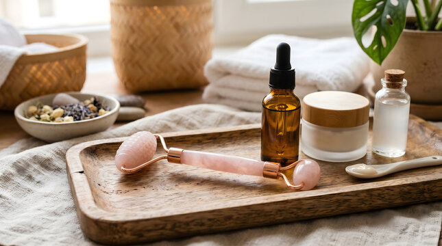 Rose quartz facial roller with serum bottle and cream jar on wooden tray spa setting