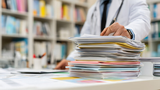 A pharmacist in formal wear examining tiered formulary documents alongside prior authorization forms, which are laid out on a large desk, while benefit cost analysis spreadsheets are visible, the corp