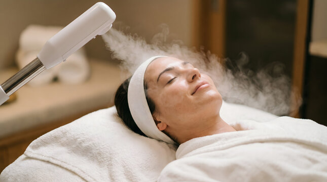 Facial steamer machine directing steam mist onto woman face during professional spa skin treatment