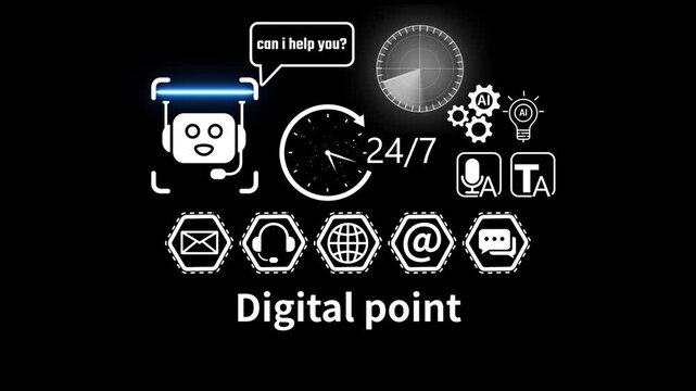 digital point With Global Communication Icons And 24 7 Clock and Radar scanning . address, live chat, man) 4k video animation