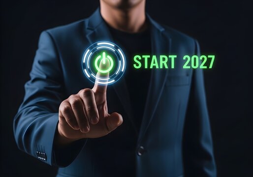 Person pressing glowing start button for year 2027 with a confident and futuristic gesture.