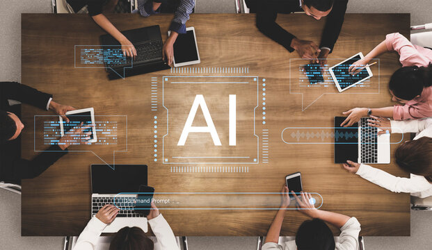 A diverse group of professionals collaborates on artificial intelligence concepts using digital devices at a modern office table, emphasizing teamwork and innovation. Cyphers