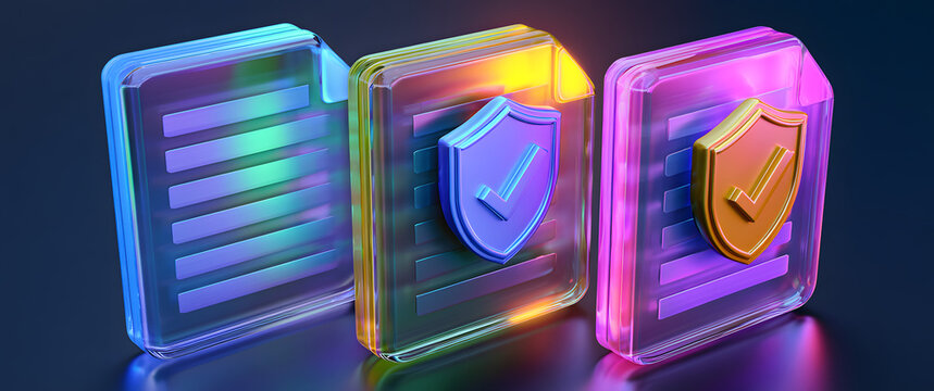 Set of 3D document shield icon isolated on transparent background. Concept of security certificate approval. Transparent Liquid Glass icon 3D rendering