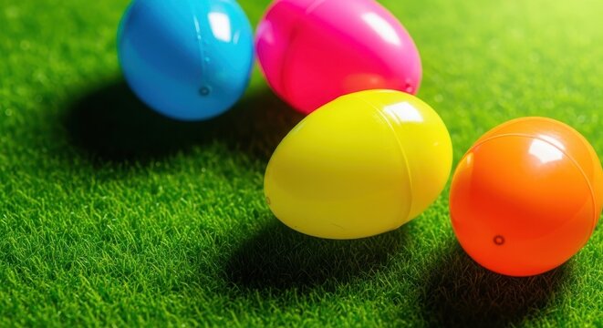A highly saturated close up of plastic, cheaply molded easter eggs scattered on neon green synthetic grass, colorful, bright, commercialism