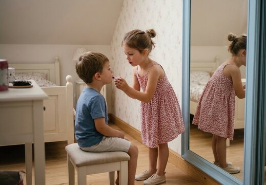 Little sister putting makeup on her brother during an imaginative game in front of the mirror in a children's bedroom, a tender moment of creativity, complicity, childhood, fun and family bond.