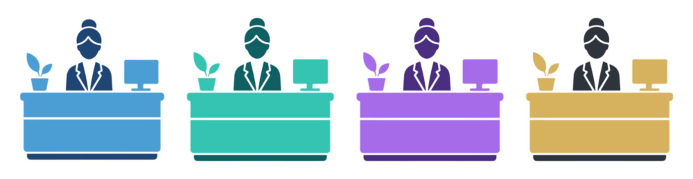 receptionist desk computer plant office icon set on transparent background