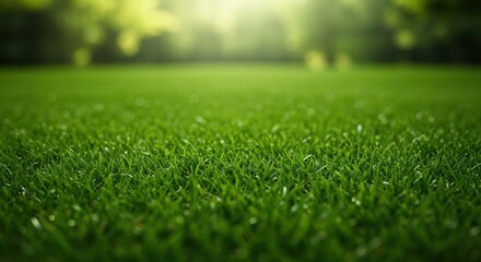 Fototapeta premium Lush, freshly cut, well manicured green grass shot from a low angle perspective with a beautiful soft focus springtime background blur, neat, texture, yard
