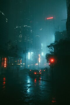 A dreamlike neon-soaked city street at night in heavy rain, towering skyscrapers cutting through a moody blue-green haze, cinematic lighting casting reflective wet streets and glowing signage, distan
