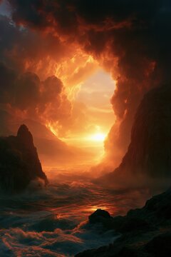 A dreamlike, cinematic coastal landscape bathed in molten amber light where towering rock formations frame a radiant sunset bursting through a fiery tunnel in the sky. The scene blends atmospheric ro