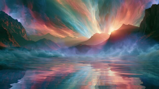 A surreal dreamlike landscape where jagged mountains rise from a tranquil reflective lake, bathed in a cosmic sunset of swirling pastel tones. The sky holds luminous ribbons of light and color, blend