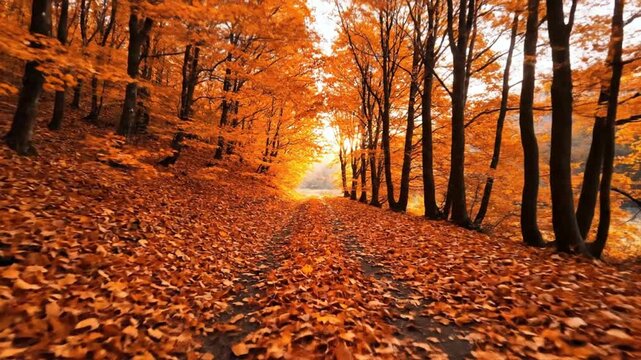 Vibrant autumn forest path covered in orange fallen leaves forming a natural tunnel with golden foliage on trees leading toward a bright clearing in a woodland landscape.