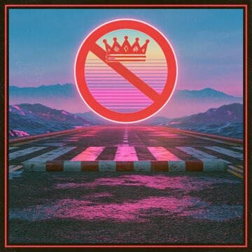 A surreal synthwave dreamscape featuring a neon pink landscape with a desolate highway receding into distant mountains, topped by a luminous circular &ldquo;no crown&rdquo; symbol with a red diagonal slash over