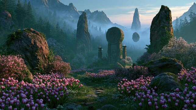 A dreamlike, cinematic landscape blending photorealistic acrylic painting textures with a surreal altar-like ruin set in a sunlit spring garden. Vibrant pink tulips bloom in dense clusters along a mo