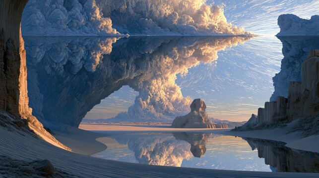 A dreamlike, surreal seascape blending isometric precision with ethereal, cinematic lighting. A vast horizon stretches through a dream-weaved panorama where towering, sculpted rock arches and caverno