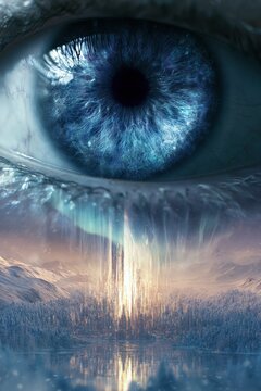 A dreamlike composite plunges the viewer into a surreal ice-toned world where a hyper-detailed blue iris closes in from a macro close-up, merging with a cinematic winter landscape. An ethereal aurora