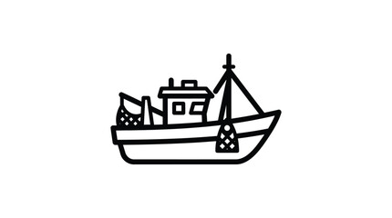 Line drawing of a sailboat with cabin black on white background © Rumana
