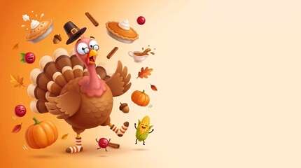 Fototapeta premium Funny Thanksgiving Turkey with Pilgrim Hat and Pies Vector Template