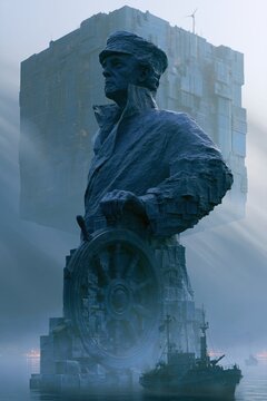 A dreamlike, cinematic composition featuring a colossal granite statue of a sea captain in isometric perspective, life-size contrapposto stance, gripping a ship wheel as mist and dawn light diffuse a