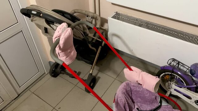 Stroller in stairwell near radiator, pink gloved hand holds red strap securing folded stroller beside purple bicycle on tiled
