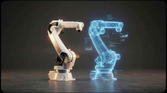 A clean conceptual image of a sleek, white mechanical robotic arm standing next to its own glowing, semi-transparent blue holographic replica. Isolated on a dark gray minimalist background, digital