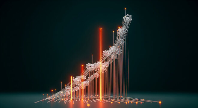 3D rendered upward trending bar graph with glowing orange data lines and wireframe network nodes on a dark teal background, ideal for business analytics, fintech marketing, data science visualization