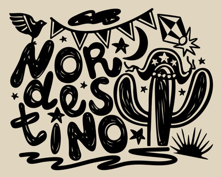 Nordestino lettering. Brazilian holiday in cordel style. Mandacaru cactus in cangaceiro hat