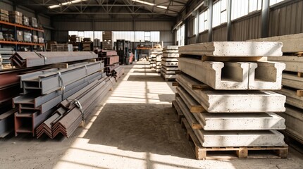 Obraz premium Reclaimed Building Materials Warehouse With Concrete Stacks Steel